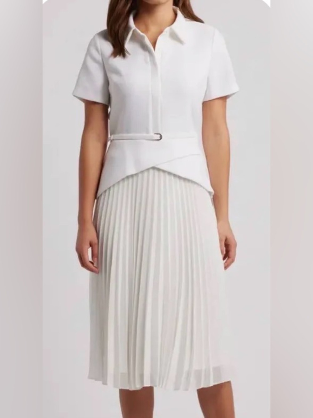 julia jordan White Pleated Midi Dress with Belt
